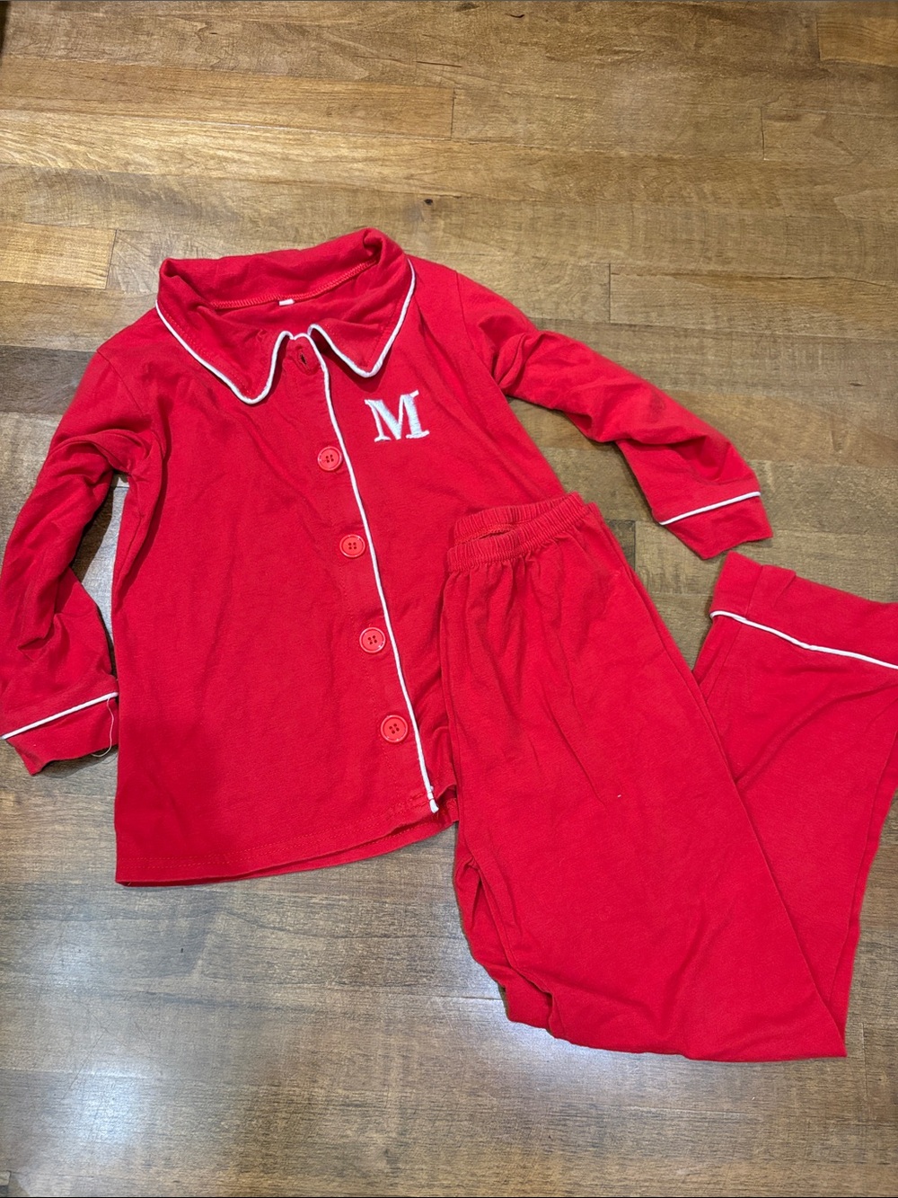 Red Kids Pajama Set with White Piping and 'M' Monogram